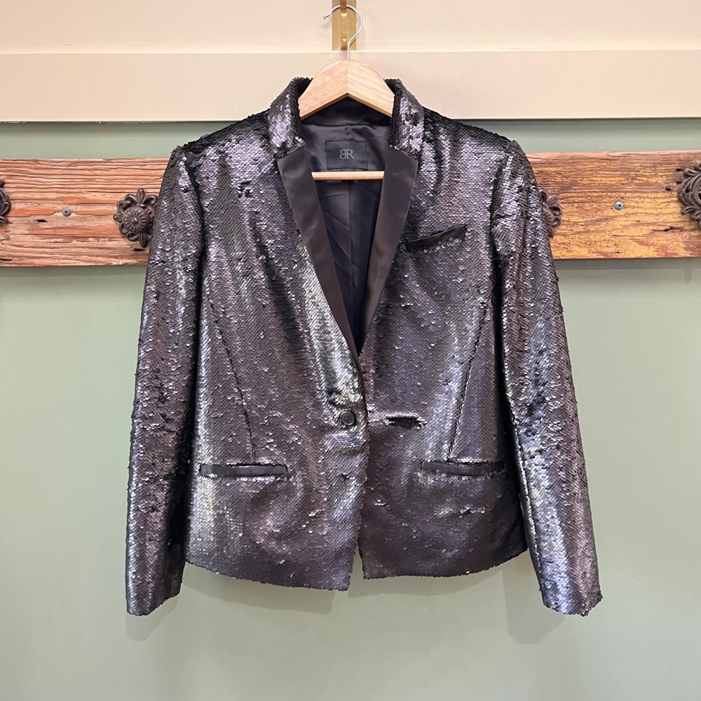 Banana Republic Womens Gunmetal Black Sequin Blazer Jacket Size 6 Holiday Party